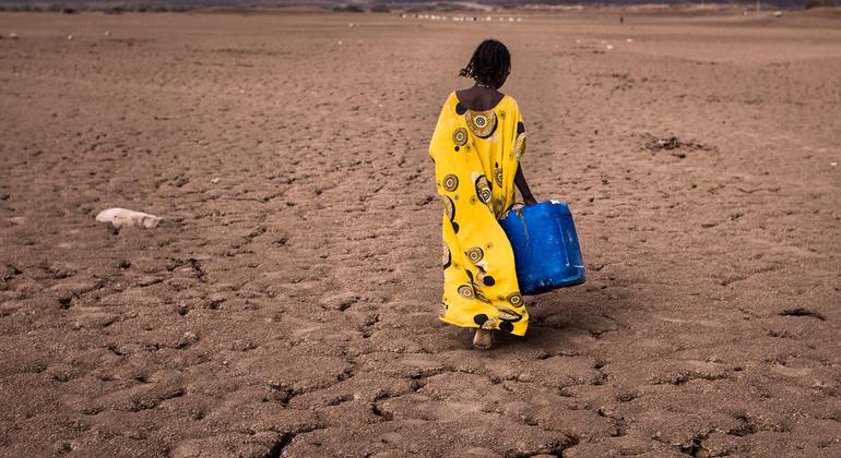 دختری با ظرف آب در منطقه آفار در اتیوپی راه می رود.