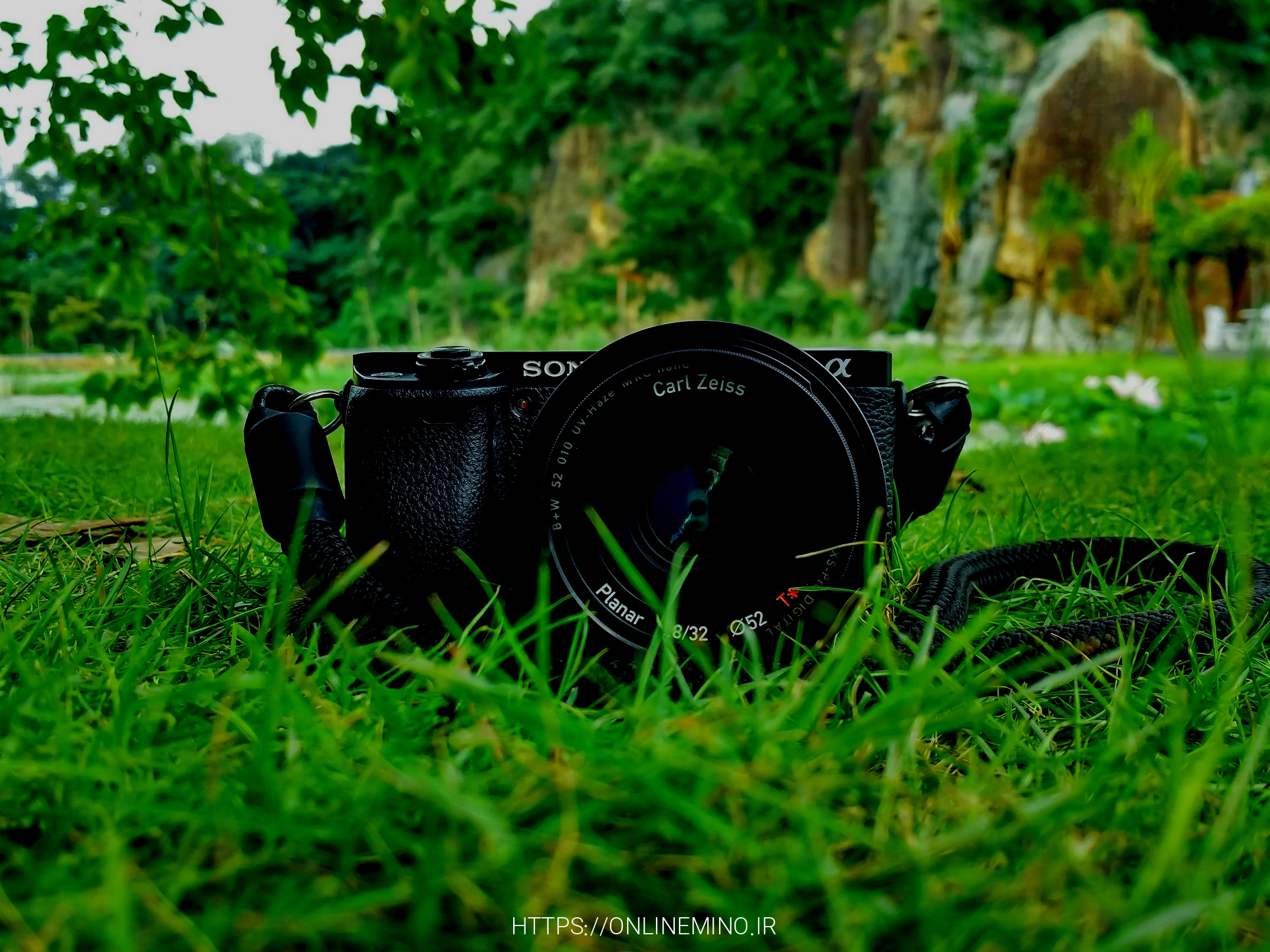 black sony dslr camera on green grass in front of brown and green mountain